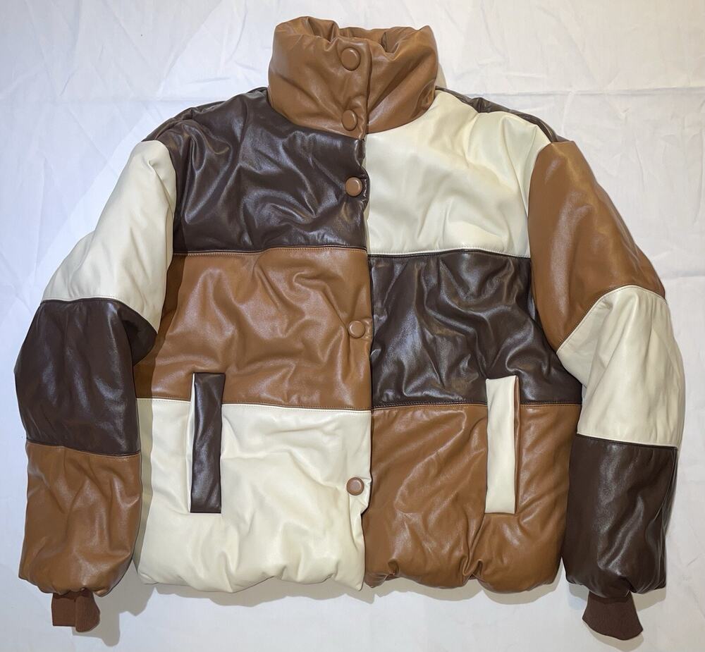 EUC!! SHEIN Women's Leather Cropped Brown Color Block Puffer Jacket XS